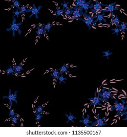Floral Background. Small Flowers on Square Background. Cute Lily. Chaotic Pattern. Spring Vector Bace for Card, Banner, Poster. Summer Floral Texture on Black Background.