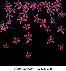 Floral Background. Small Flowers on Square Background. Delicate Lily. Chaotic Pattern. Spring Vector Bace for Print, Banner, Poster. Summer Floral Texture on Black Background.
