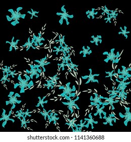 Floral Background. Small Flowers on Square Background. Cute Lily. Chaotic Pattern. Spring Vector Bace for Card, Banner, Poster. Summer Floral Texture on Black Background.