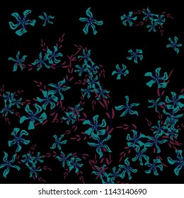Floral Background. Small Flowers on Square Background. Delicate Lily. Chaotic Pattern. Spring Vector Bace for Print, Card, Poster. Summer Floral Texture on Black Background.