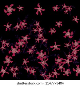 Floral Background. Small Flowers on Square Background. Lovely Lily. Chaotic Pattern. Spring Vector Bace for Print, Card, Banner. Summer Floral Texture on Black Background.