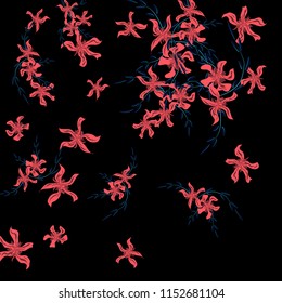 Floral Background. Small Flowers on Square Background. Cute Lily. Chaotic Pattern. Spring Vector Bace for Print, Card, Banner. Summer Floral Texture on Black Background.