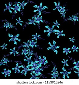 Floral Background. Small Flowers on Square Background. Cute Lily. Chaotic Pattern. Spring Vector Bace for Print, Banner, Poster. Summer Floral Texture on Black Background.