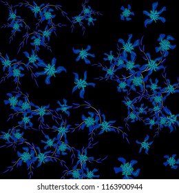 Floral Background. Small Flowers on Square Background. Cute Lily. Chaotic Pattern. Spring Vector Bace for Print, Card, Banner. Summer Floral Texture on Black Background.