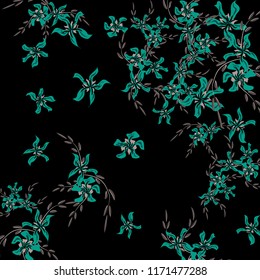 Floral Background. Small Flowers on Square Background. Cute Lily. Chaotic Pattern. Spring Vector Bace for Print, Card, Banner. Summer Floral Texture on Black Background.