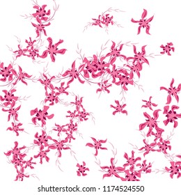 Floral Background. Small Flowers on Square Background. Cute Lily. Chaotic Pattern. Spring Vector Bace for Print, Card, Banner. Summer Floral Texture on White Background.