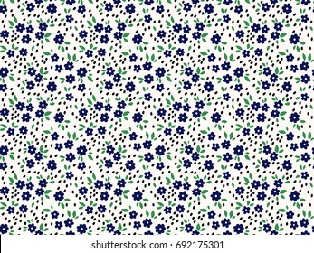 Floral background with small navy blue flowers. Memphis style. Vector seamless pattern. Creative geometric background with floral elements and different textures.