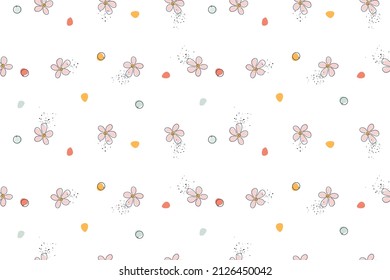 Floral background. Small primitive flowers and abstract figures. Graphic line drawing. Botanical seamless pattern. Summer motif