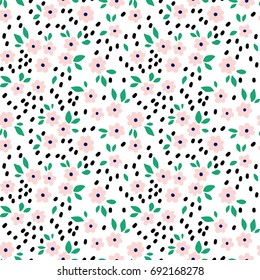 Floral background with small primitive flowers. Memphis style. Bright and colorful. Vector seamless pattern. Creative geometric background with floral elements and different textures.