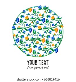 Floral background with small yellow and blue gradient color flowers inside the circle form. White background. Your text. Vector illustration.