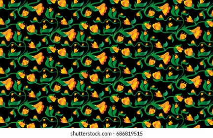 Floral background with small yellow gradient color flowers. Dark background. Vector illustration.