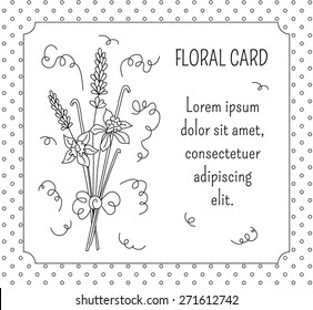 Floral background with spicy herb and flowers in black and white colors. Invitation or greeting card with bouquet of lavender and vanilla. Vector