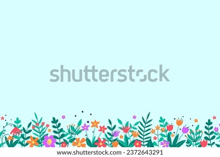 Floral background. Spring decoration with colourful blooming flower and leaves. Vector illustration