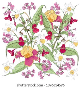 Floral background with spring flowers. Irises, daffodils, primrose in vector drawing.