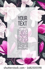 Fondo floral con flores primaverales ramas rosa y magnolia blanca. Plantilla para carteles con descuentos estacionales para redes sociales, posts e historias. Se puede utilizar como tarjeta de invitación de felicitación.