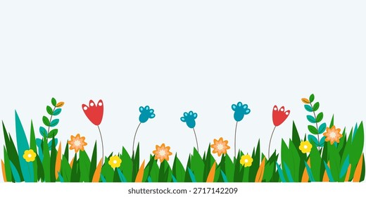 Grünes Gras und verschiedene Blumen, Glocken, Buttercups, Gänseblümchen, Frühlingswiese, Rasen, Blumenbeet, Frühlingslandschaft, grafisches Element