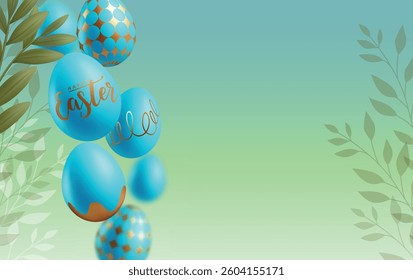 Floral background with spring green leaves. Happy Easter banner with hovering falling blue and golden eggs. Greeting card. Botanic theme.