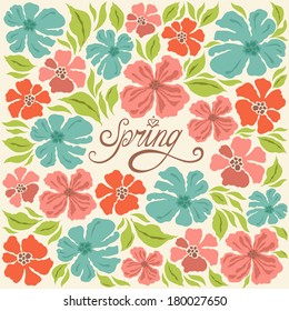 Floral background, spring lettering, greeting card. Vector illustration
