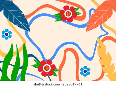 floral background. Spring meadow, summer floral pattern with wildflowers. Summer blooming and blooming, horizontal botanical decoration. Flat vector illustration isolated on orange background