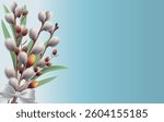 Floral background with spring pussy willow branch and green leaves bouquet. White bow. Greeting card. Botanic theme.