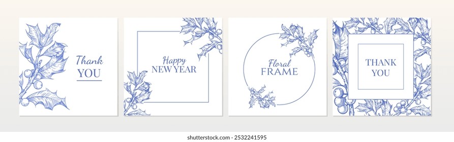 Floral background for square cards with hand drawn holly sketches. design templates for wedding invitation, card, poster, social media