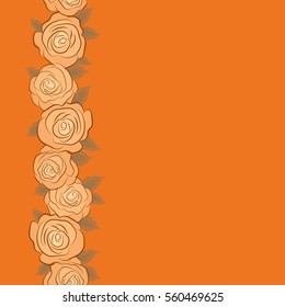 Floral background with stylized roses with copy space (place for your text). Hand drawn vertical vector seamless pattern - brown, beige and orange roses with petals.