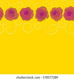Floral background with stylized roses with copy space (place for your text). Hand drawn horizontal vector seamless pattern - magenta, neutral and yellow roses with petals.
