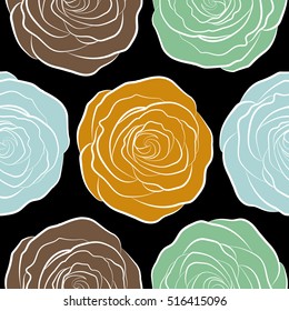 Floral background with stylized roses. Hand drawn vector seamless pattern - brown, neutral and yellow roses with petals.