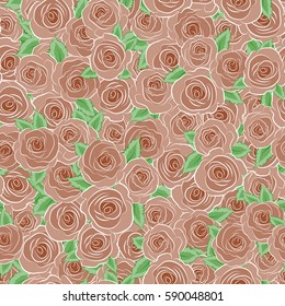 Floral background with stylized roses. Hand drawn vector seamless pattern - brown roses with petals and green leaves.