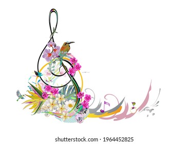 Floral background with summer and spring flowers, palm leaves, notes, birds. Hand drawn musical vector illustration.