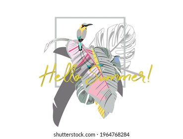 Floral background with summer and spring flowers, palm leaves,  birds. Hand drawn vector illustration.