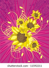 Floral background with sunflowers, light rays and grunge details, vector illustration series.