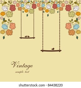 floral background with swings and birds