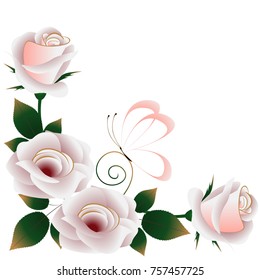 Floral background with tea roses and butterfly.