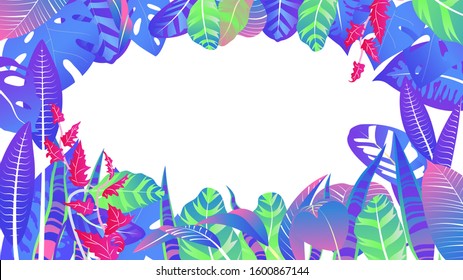 Floral background template with neon gradient tropical leaves. Vector illustration.
