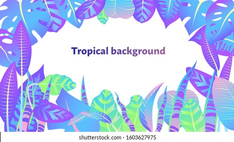Floral background template with neon gradient tropical leaves. Vector illustration.