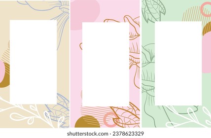 Floral background templates line  flowers in pastel colors. Editable vector design, frame for social media post and story, card, cover, wedding invitation, poster, mobile apps, web ads