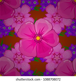 Floral background. Textile print for bed linen, jacket, package design, fabric and fashion concepts. Vector seamless pattern with cosmos flowers and leaves in orange, magenta and pink colors.