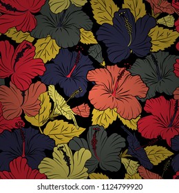 Floral background, textile print for bed linen, jacket, package design, fabric and fashion concepts. Vector seamless pattern with hibiscus flowers and leaves in black, yellow and violet colors.