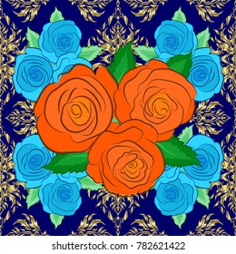 Floral background. Textile print for bed linen, jacket, package design, fabric and fashion concepts. Vector seamless pattern with rose flowers and green leaves in blue, golden and orange colors.
