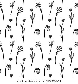 Floral background texture - retro style plant illustration. Flowers and wild strawberries.