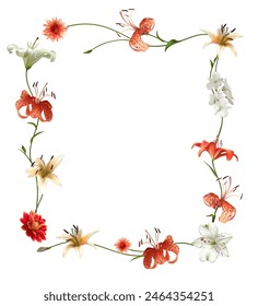 Floral background. Tiger lilies. Orchids. Tropical flowers. Border. White lily. Square frame of flowers.