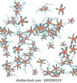 Floral Background. Tiny Flowers on Square Background. Lovely Lily. Chaotic Pattern. Spring Vector Bace for Card, Banner, Poster. Summer Floral Texture on White Background.