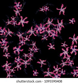 Floral Background. Tiny Flowers on Square Background. Cute Lily. Chaotic Pattern. Spring Vector Bace for Print, Card, Banner. Summer Floral Texture on Black Background.