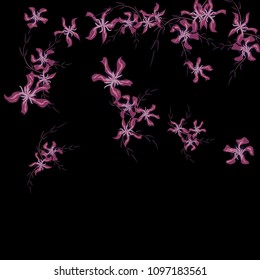 Floral Background. Tiny Flowers on Square Background. Delicate Lily. Chaotic Pattern. Spring Vector Bace for Print, Card, Banner. Summer Floral Texture on Black Background.