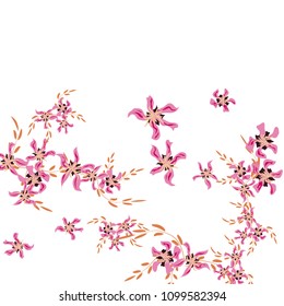 Floral Background. Tiny Flowers on Square Background. Cute Lily. Chaotic Pattern. Spring Vector Bace for Print, Banner, Poster. Summer Floral Texture on White Background.