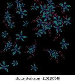 Floral Background. Tiny Flowers on Square Background. Lovely Lily. Chaotic Pattern. Spring Vector Bace for Card, Banner, Poster. Summer Floral Texture on Black Background.