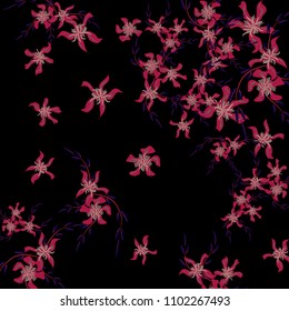 Floral Background. Tiny Flowers on Square Background. Lovely Lily. Chaotic Pattern. Spring Vector Bace for Print, Card, Poster. Summer Floral Texture on Black Background.