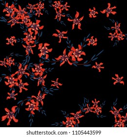 Floral Background. Tiny Flowers on Square Background. Cute Lily. Chaotic Pattern. Spring Vector Bace for Print, Banner, Poster. Summer Floral Texture on Black Background.