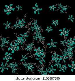Floral Background. Tiny Flowers on Square Background. Delicate Lily. Chaotic Pattern. Spring Vector Bace for Card, Banner, Poster. Summer Floral Texture on Black Background.